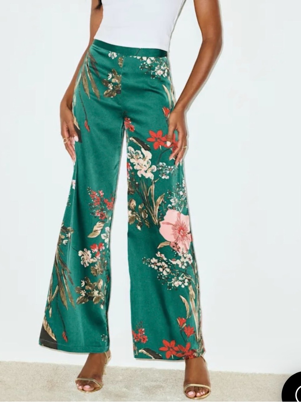 NWT LULUS Thriving Vibes Green Floral Print Satin Wide-Leg Pants-sz large